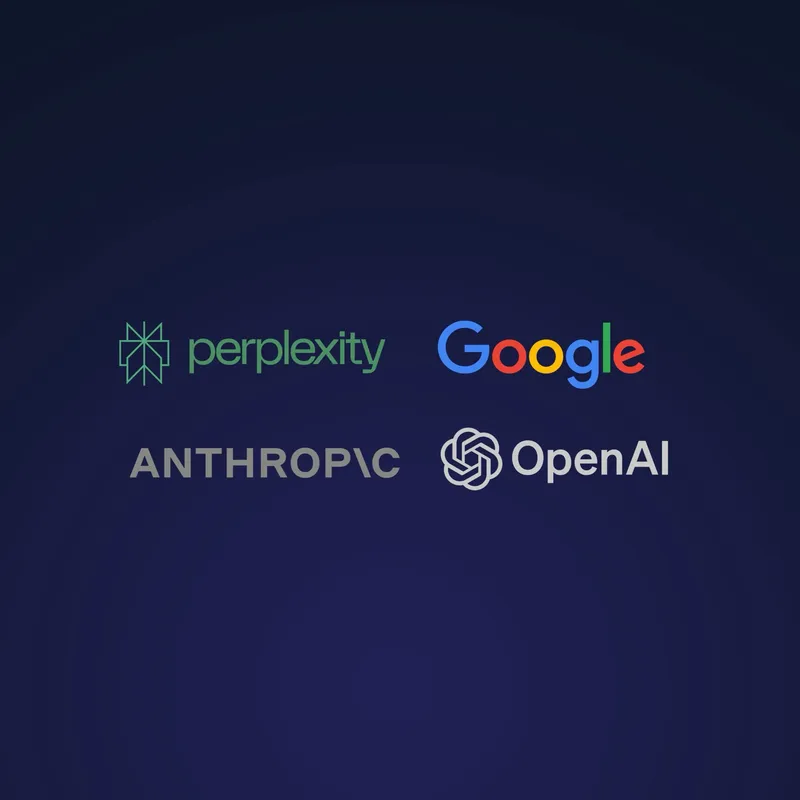 Perplexity, Google, Anthropic and OpenAI logos on a dark blue background