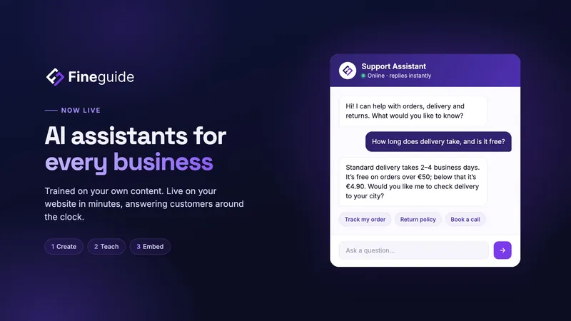 FineGuide: AI assistants for every business, beside a website chat assistant answering a customer’s delivery question