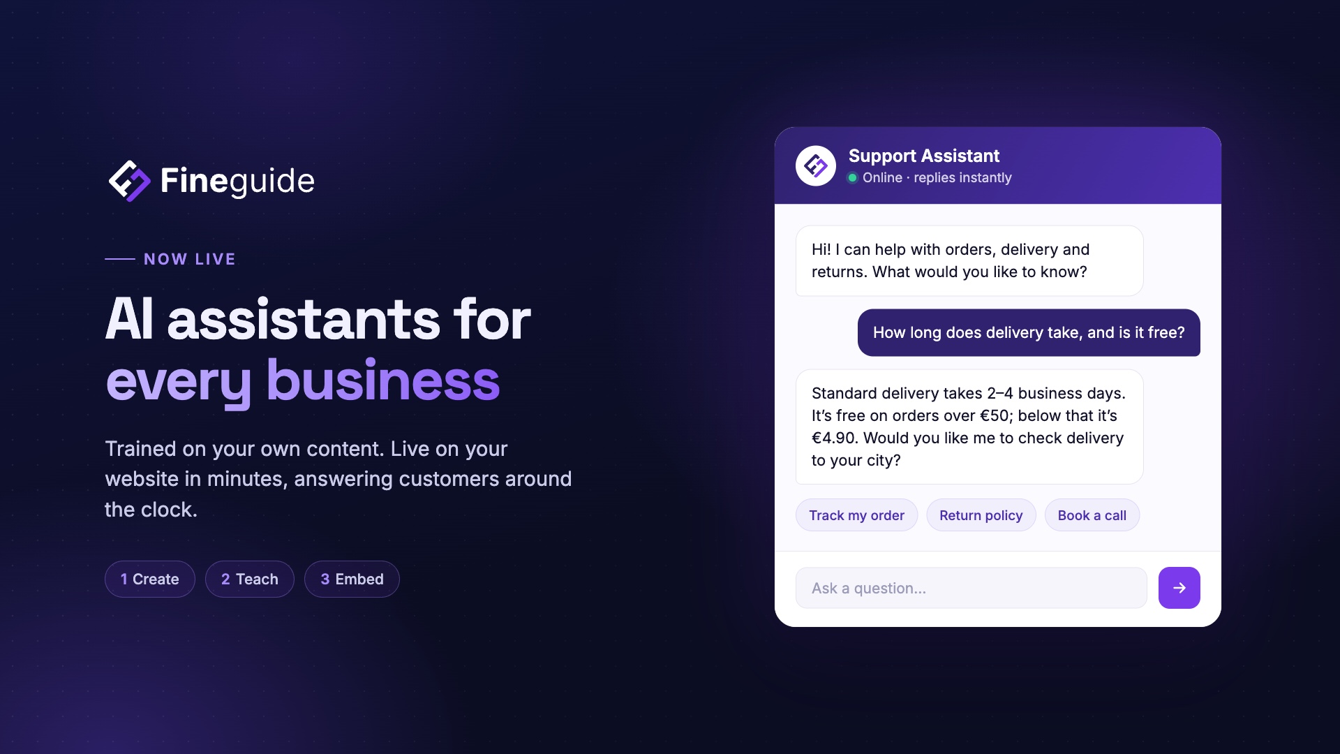 FineGuide: AI assistants for every business, beside a website chat assistant answering a customer’s delivery question