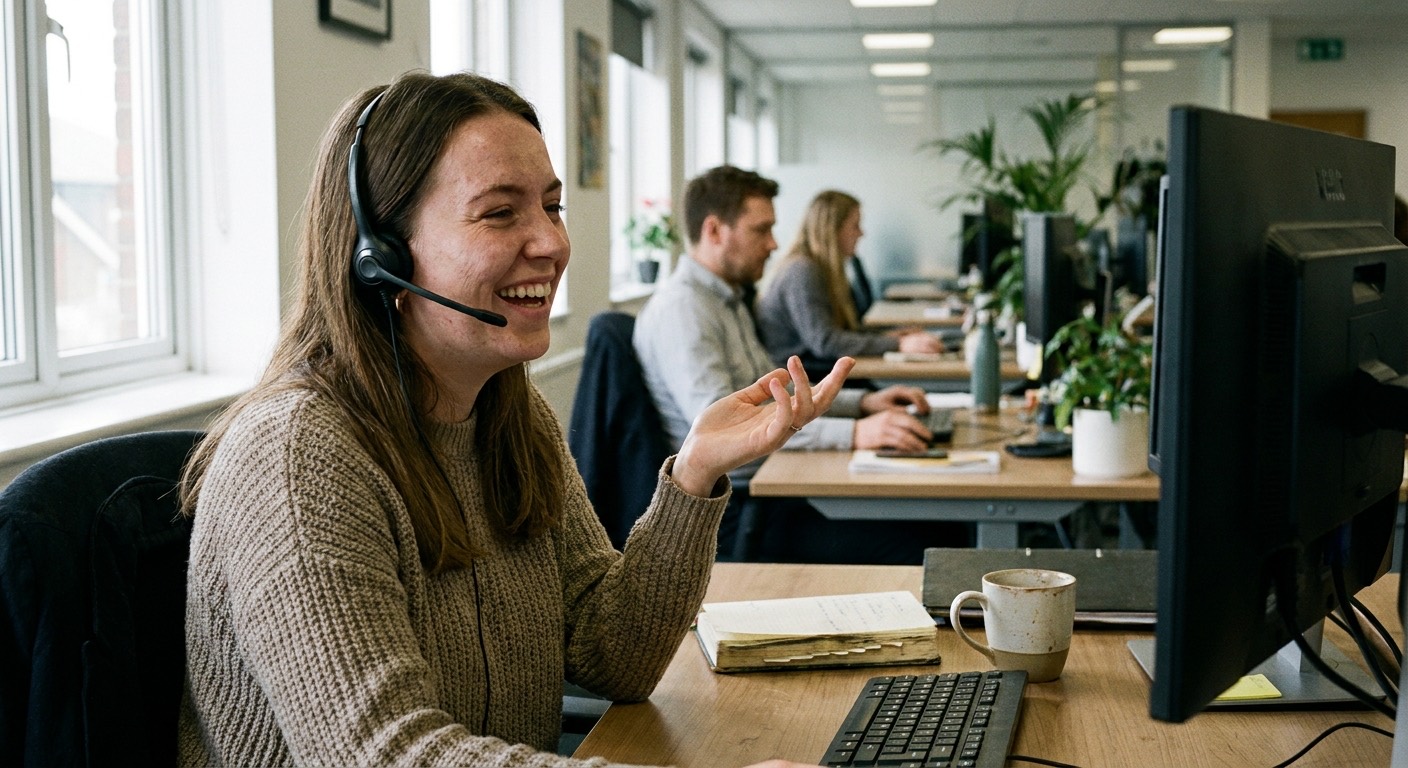A support agent mid-call at her desk