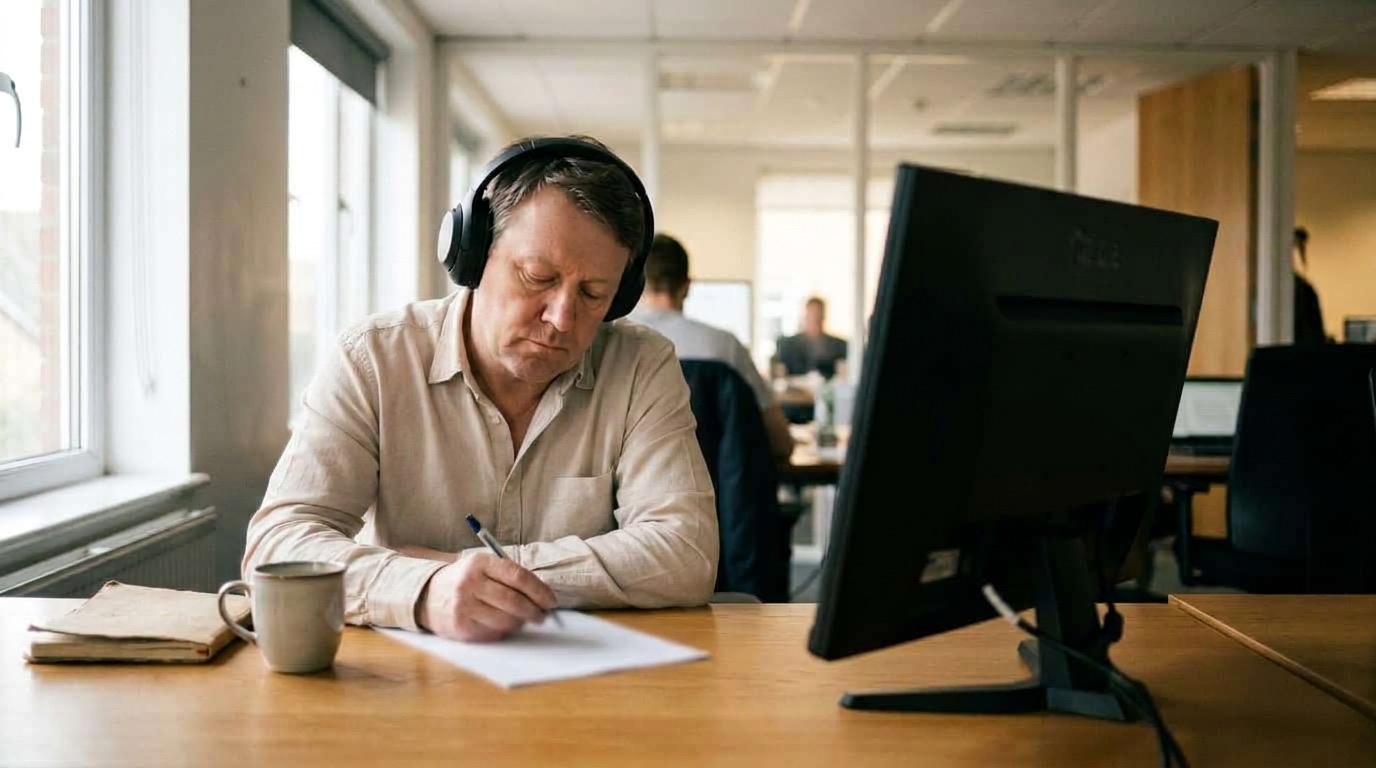 A quality manager in headphones, listening back to a call and marking a sheet