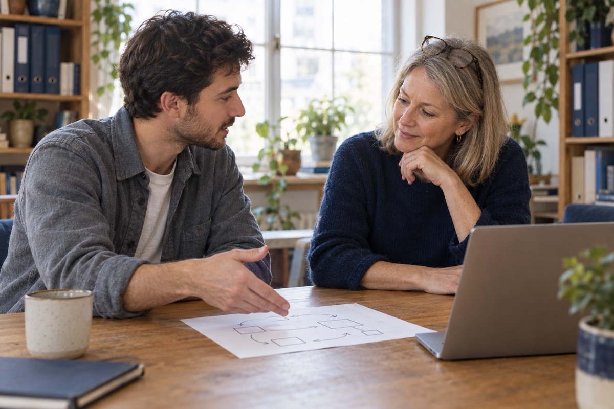 A consultant walking a business owner through a plan sketched on paper