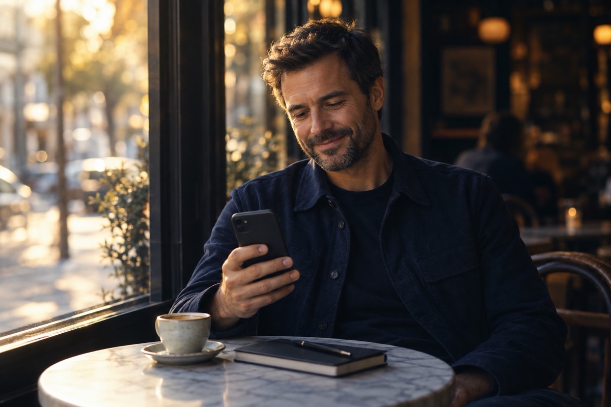 Un consultant într-o cafenea, zâmbind în timp ce se uită la telefon