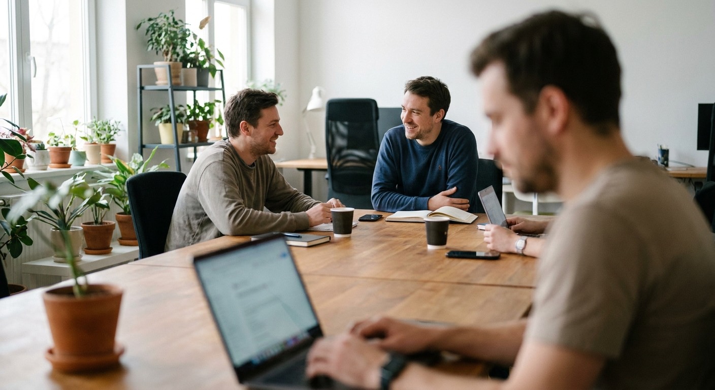 Colleagues talking at a shared desk in an open-plan office