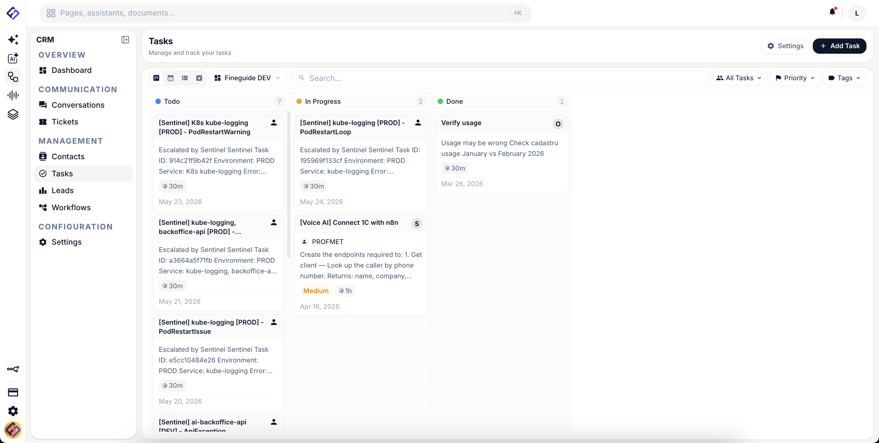 Fineguide CRM tasks Kanban board