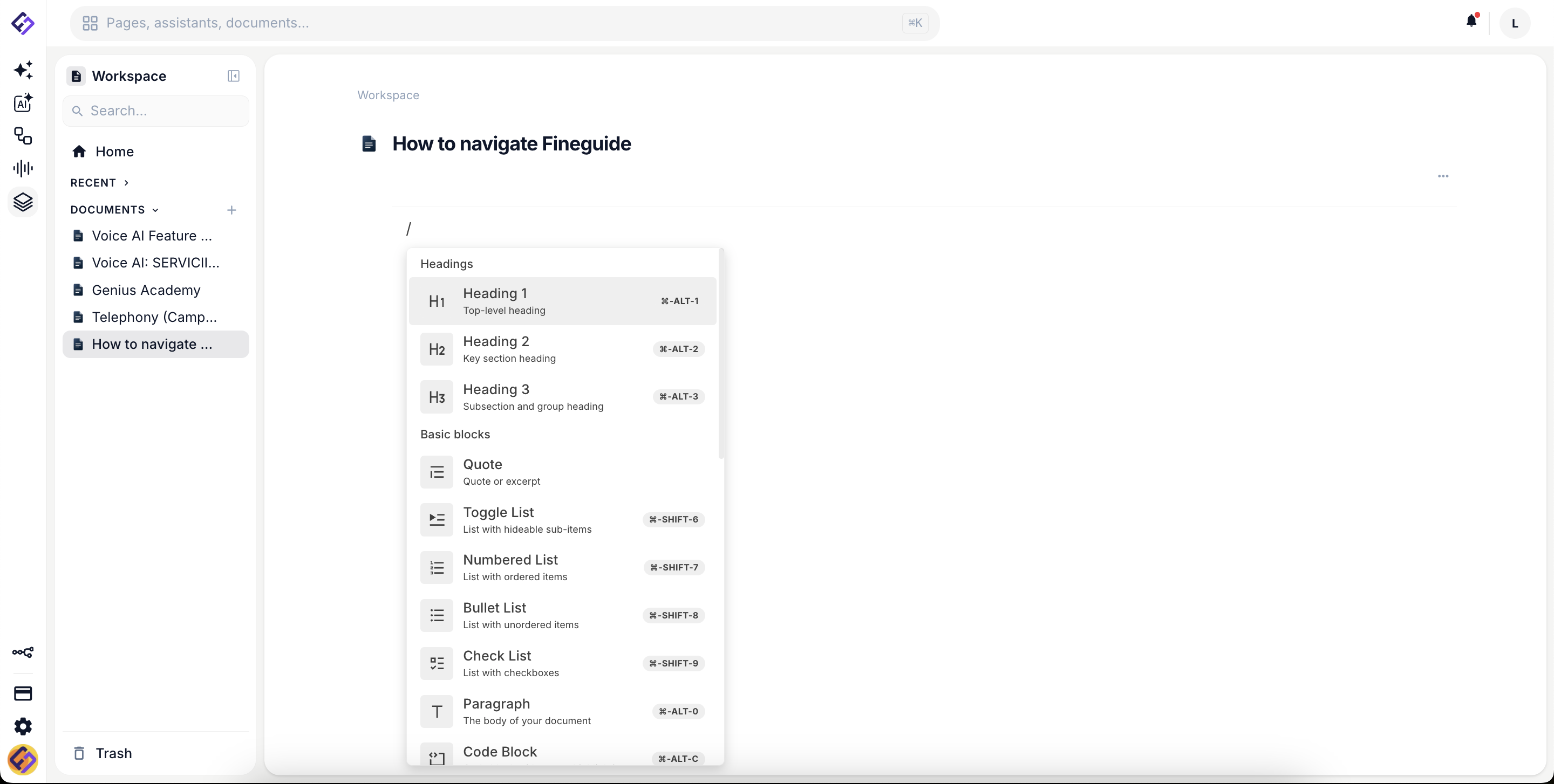 Fineguide Workspace document editor with slash-command menu